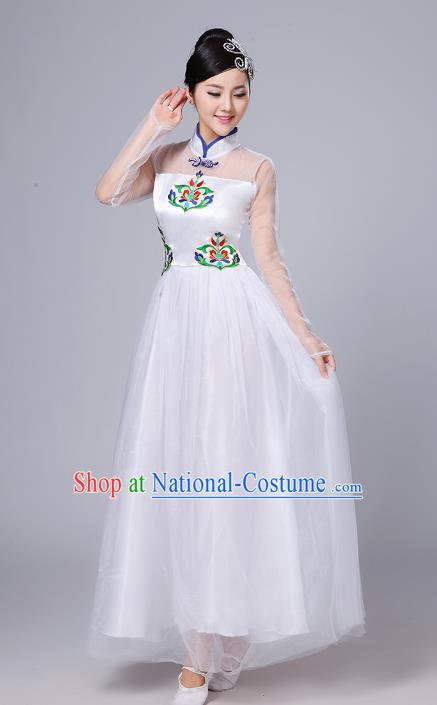 Top Grade Chinese Compere Professional Performance Catwalks Costume, China Stand Collar Modern Dance White Dress for Women