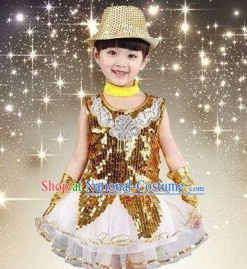 Top Grade Chinese Professional Performance Catwalks Costume, China Jazz Dance Modern Dance Golden Paillette Dress for Girls