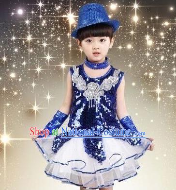 Top Grade Chinese Professional Performance Catwalks Costume, China Jazz Dance Modern Dance Blue Paillette Dress for Girls