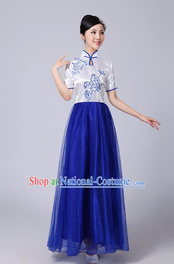 Traditional Chinese Classical Dance Cheongsam Costume, China Folk Dance Blue Veil Long Dress for Women