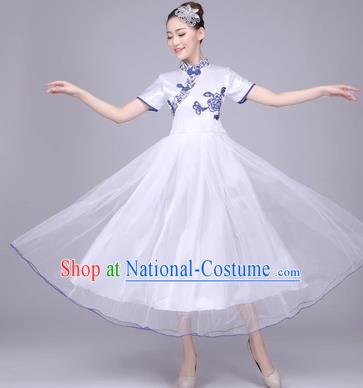 Traditional Chinese Classical Dance Cheongsam Costume, China Folk Dance White Veil Long Dress for Women