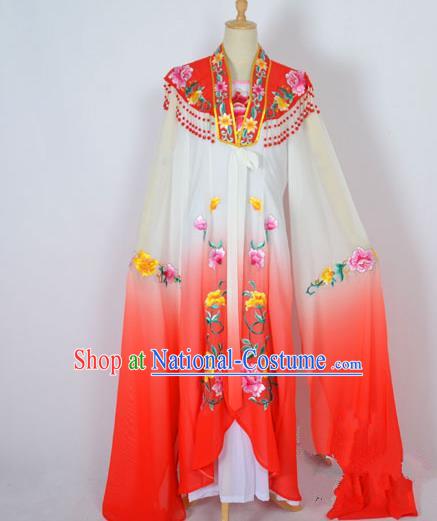 Traditional Chinese Professional Peking Opera Shaoxing Opera Costume Embroidery Red Cloud Shoulder Mantel, China Beijing Opera Female Diva Clothing Long Water Sleeve Shawl Dress