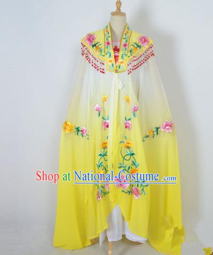 Traditional Chinese Professional Peking Opera Shaoxing Opera Costume Embroidery Yellow Cloud Shoulder Mantel, China Beijing Opera Female Diva Clothing Long Water Sleeve Shawl Dress