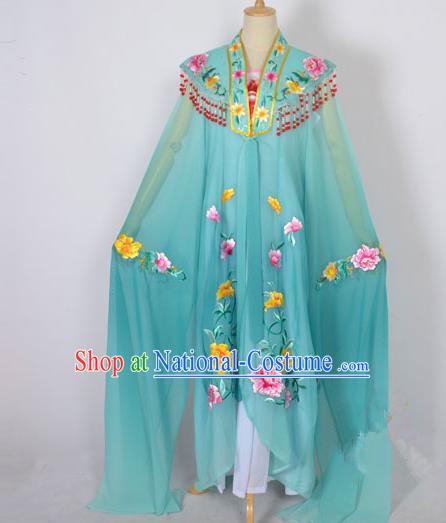 Traditional Chinese Professional Peking Opera Shaoxing Opera Costume Embroidery Green Cloud Shoulder Mantel, China Beijing Opera Female Diva Clothing Long Water Sleeve Shawl Dress