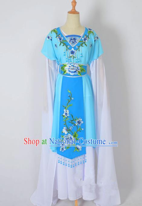 Traditional Chinese Professional Peking Opera Nobility Lady Water Sleeve Costume, China Beijing Opera Shaoxing Opera Royal Princess Embroidery Peony Blue Dress Clothing