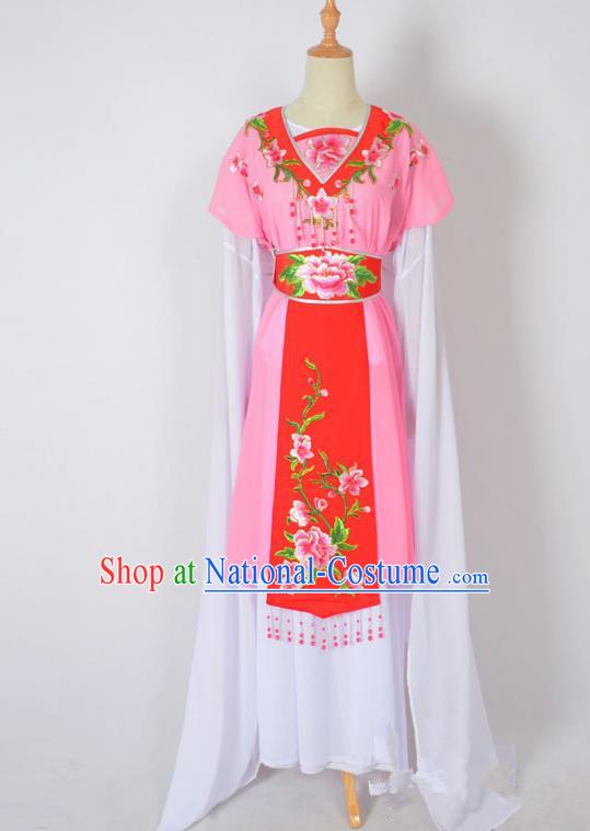 Traditional Chinese Professional Peking Opera Nobility Lady Water Sleeve Costume, China Beijing Opera Shaoxing Opera Royal Princess Embroidery Peony Pink Dress Clothing