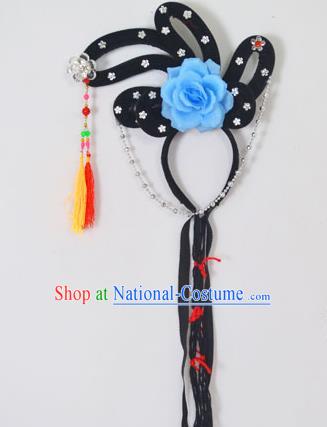 Traditional Handmade Chinese Classical Peking Opera Young Lady Hair Accessories and Wigs, China Beijing Opera Maidservants Diva Blue Flower Headwear