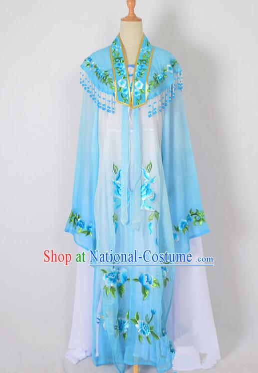 Traditional Chinese Professional Peking Opera Nobility Lady Water Sleeve Costume Embroidery Blue Shawl, China Beijing Opera Shaoxing Opera Royal Princess Dress Clothing