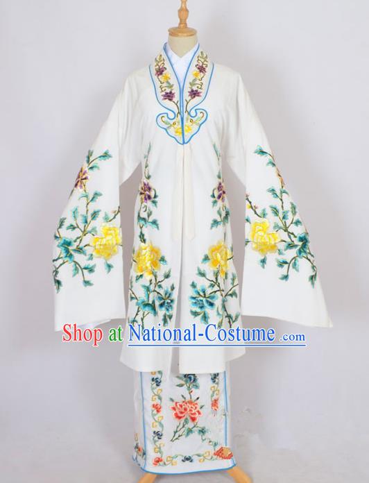 Traditional Chinese Professional Peking Opera Nobility Lady Costume White Mantel, China Beijing Opera Shaoxing Opera Embroidery Diva Hua Tan Dress Clothing