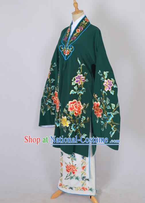 Traditional Chinese Professional Peking Opera Nobility Lady Costume Deep Green Mantel, China Beijing Opera Shaoxing Opera Embroidery Diva Hua Tan Dress Clothing