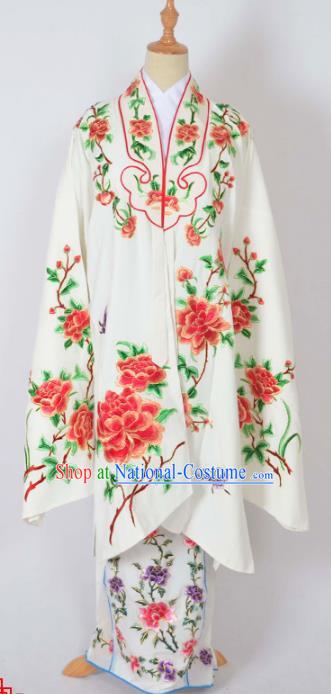 Traditional Chinese Professional Peking Opera Nobility Lady Costume Water Sleeve White Mantel, China Beijing Opera Shaoxing Opera Embroidery Peony Diva Hua Tan Dress Clothing