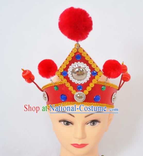 Traditional Handmade Chinese Classical Peking Opera Female General Red Hat, China Beijing Opera Warrior Takefu Headwear