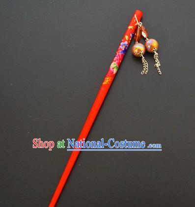 Traditional Handmade Chinese Classical Peking Opera Tassel Red Hair Stick Hair Accessories, China Beijing Opera Step Shake Wood Hairpins