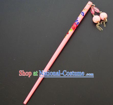 Traditional Handmade Chinese Classical Peking Opera Tassel Pink Hair Stick Hair Accessories, China Beijing Opera Step Shake Wood Hairpins