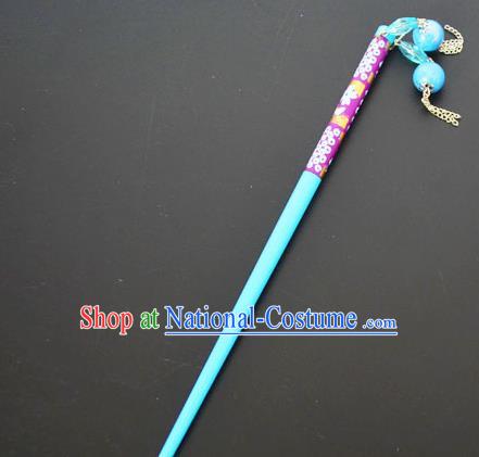 Traditional Handmade Chinese Classical Peking Opera Tassel Blue Hair Stick Hair Accessories, China Beijing Opera Step Shake Wood Hairpins