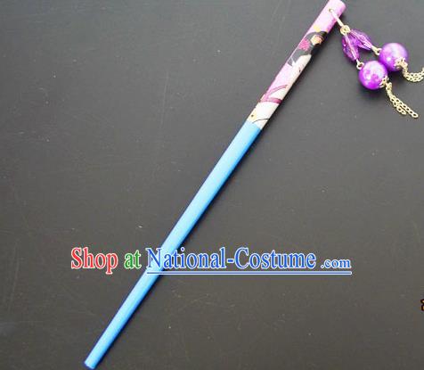 Traditional Handmade Chinese Classical Peking Opera Tassel Blue Hair Stick Hair Accessories, China Beijing Opera Step Shake Wood Hairpins