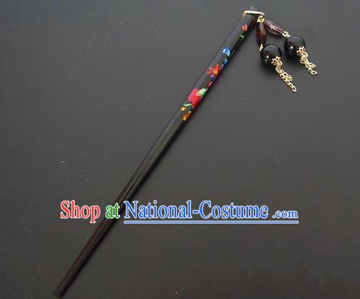 Traditional Handmade Chinese Classical Peking Opera Tassel Black Hair Stick Hair Accessories, China Beijing Opera Step Shake Wood Hairpins