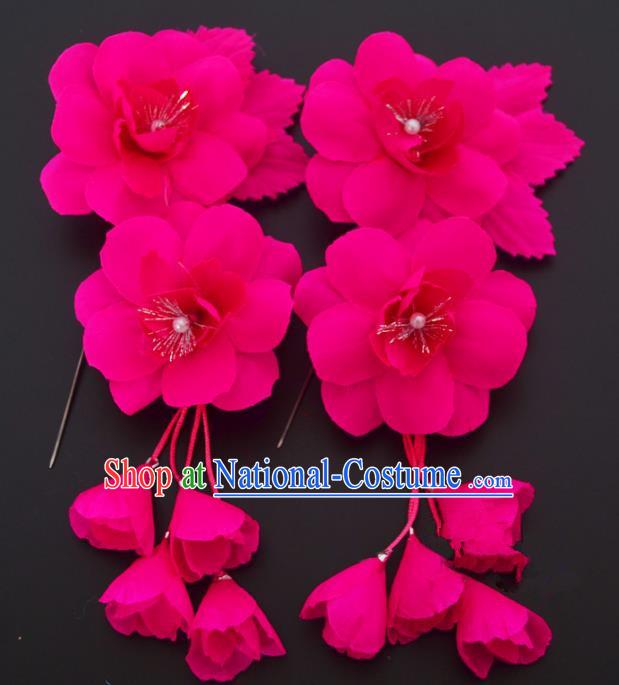 Traditional Handmade Chinese Classical Peking Opera Rosy Silk Flowers Hair Stick Hair Accessories, China Beijing Opera Diva Step Shake Tassel Hairpins