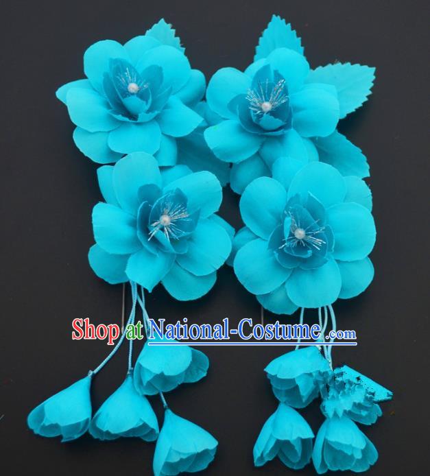 Traditional Handmade Chinese Classical Peking Opera Blue Silk Flowers Hair Stick Hair Accessories, China Beijing Opera Diva Step Shake Tassel Hairpins