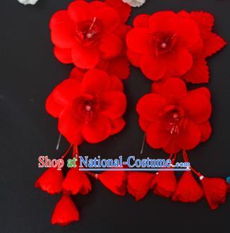 Traditional Handmade Chinese Classical Peking Opera Red Silk Flowers Hair Stick Hair Accessories, China Beijing Opera Diva Step Shake Tassel Hairpins