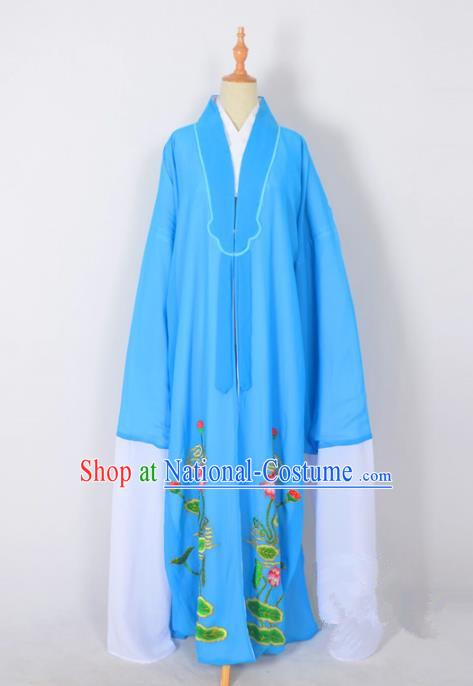 Traditional Chinese Professional Peking Opera Young Men Costume, China Beijing Opera Shaoxing Opera Niche Embroidery Lotus Blue Long Robe Clothing