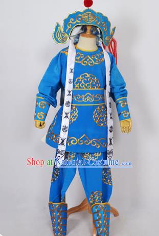 Traditional Chinese Professional Peking Opera Takefu Costume and Headwear, China Beijing Opera Shaoxing Opera Children Niche Warrior Blue Clothing