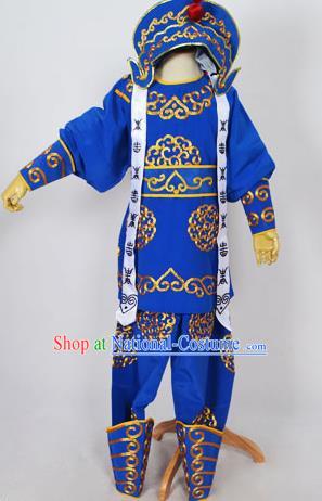 Traditional Chinese Professional Peking Opera Takefu Costume and Headwear, China Beijing Opera Shaoxing Opera Children Niche Warrior Royalblue Clothing