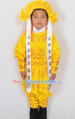 Traditional Chinese Professional Peking Opera Takefu Costume and Headwear, China Beijing Opera Shaoxing Opera Children Niche Warrior Yellow Clothing