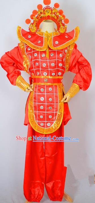 Traditional Chinese Professional Peking Opera Takefu Costume and Headwear, China Beijing Opera Shaoxing Opera Children Niche Warrior Red Clothing