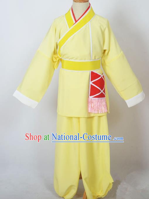 Traditional Chinese Professional Peking Opera Children Costume, China Beijing Opera Shaoxing Opera Village Kids Yellow Uniform Livehand Clothing