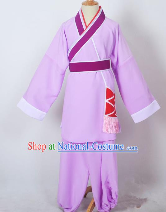 Traditional Chinese Professional Peking Opera Children Costume, China Beijing Opera Shaoxing Opera Village Kids Purple Uniform Livehand Clothing