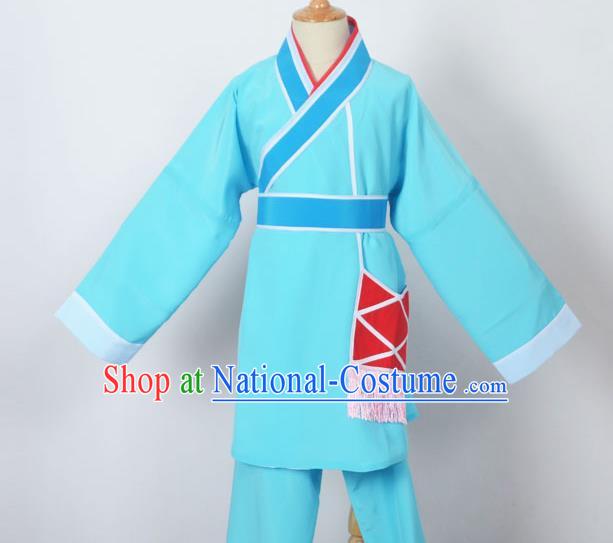 Traditional Chinese Professional Peking Opera Children Costume, China Beijing Opera Shaoxing Opera Village Kids Blue Uniform Livehand Clothing