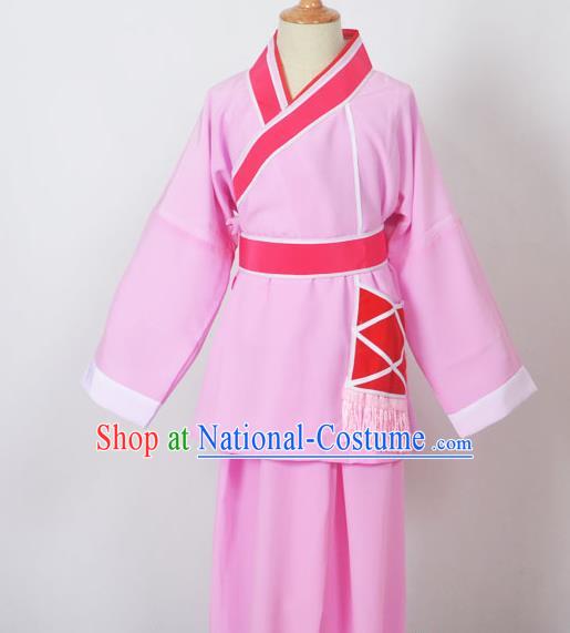 Traditional Chinese Professional Peking Opera Children Costume, China Beijing Opera Shaoxing Opera Village Kids Pink Uniform Livehand Clothing