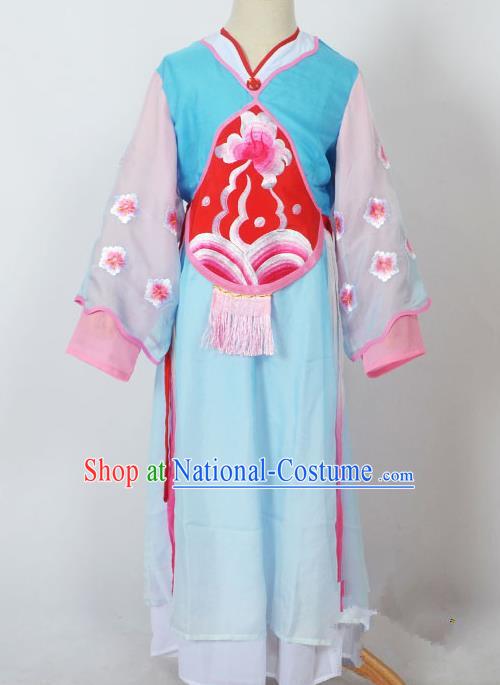 Traditional Chinese Professional Peking Opera Sitting Children Costume, China Beijing Opera Seventh Fairy Blue Uniform Princess Embroidery Dress Clothing