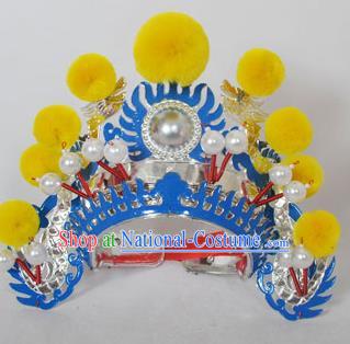 Traditional Handmade Chinese Classical Peking Opera Blues Accessories Yellow Venonat Hat, China Beijing Opera Swordplay Warriors Blue Headwear