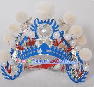 Traditional Handmade Chinese Classical Peking Opera Blues Accessories White Venonat Hat, China Beijing Opera Swordplay Warriors Blue Headwear