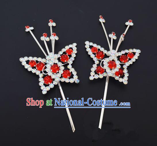 Traditional Handmade Chinese Classical Peking Opera Diva Hair Accessories, China Beijing Opera Hua Tan Red Crystal Butterfly Hairpins Headwear