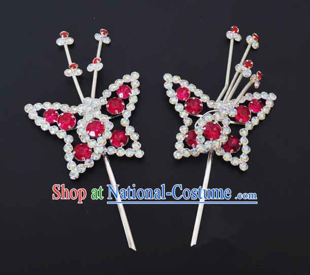 Traditional Handmade Chinese Classical Peking Opera Diva Hair Accessories, China Beijing Opera Hua Tan Rosy Crystal Butterfly Hairpins Headwear