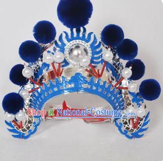 Traditional Handmade Chinese Classical Peking Opera Blues Accessories Royalblue Venonat Hat, China Beijing Opera Swordplay Warriors Blue Headwear