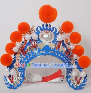 Traditional Handmade Chinese Classical Peking Opera Blues Accessories Orange Venonat Hat, China Beijing Opera Swordplay Warriors Blue Headwear