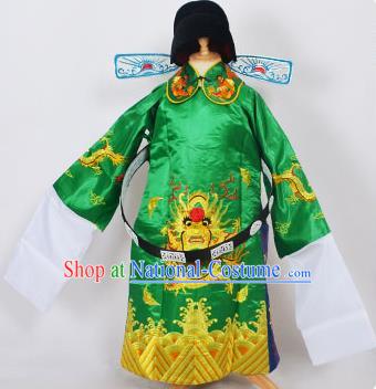 Traditional Chinese Professional Peking Opera Old Men Costume Green Embroidered Robe and Hat, China Beijing Opera Prime Minister Embroidery Robe Gwanbok Clothing