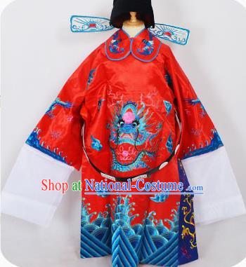 Traditional Chinese Professional Peking Opera Old Men Costume Red Embroidered Robe and Hat, China Beijing Opera Prime Minister Embroidery Robe Gwanbok Clothing