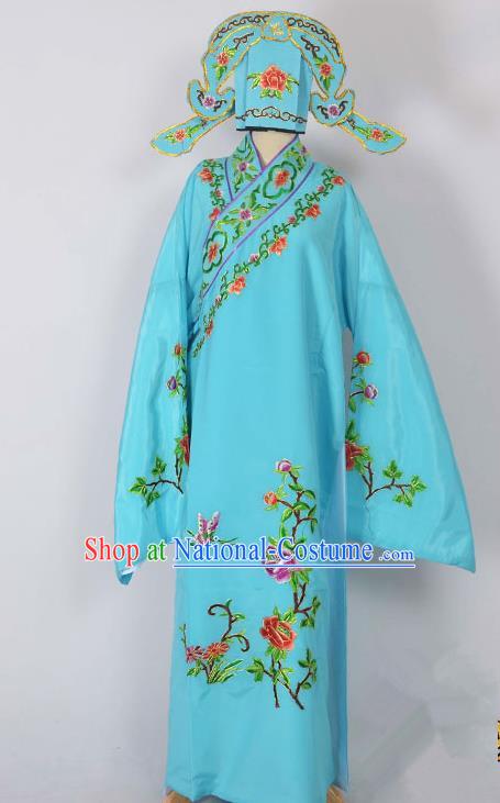 Traditional Chinese Professional Peking Opera Young Men Costume, China Beijing Opera Niche Gifted Scholar Embroidery Blue Robe Clothing