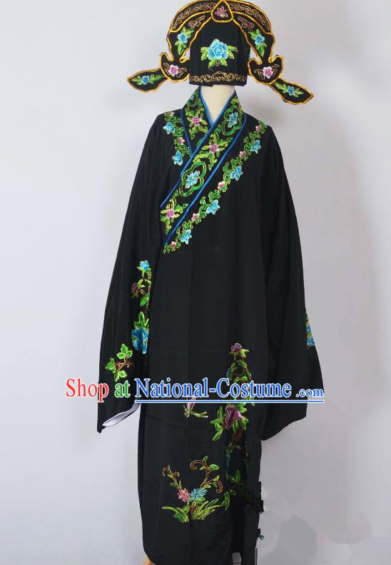 Traditional Chinese Professional Peking Opera Young Men Costume, China Beijing Opera Niche Gifted Scholar Embroidery Black Robe Clothing