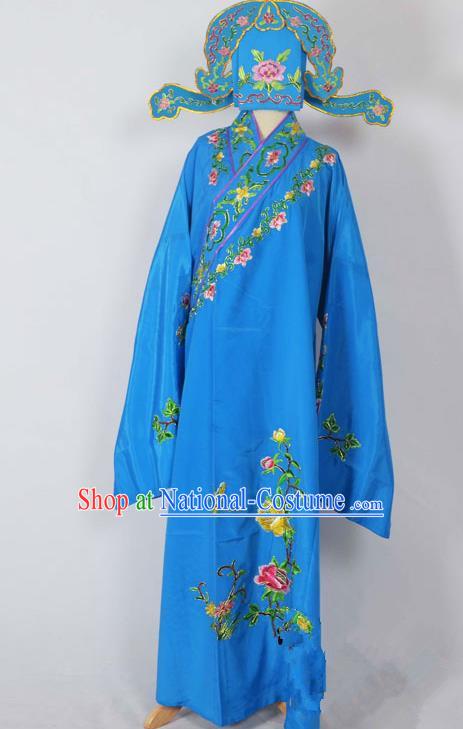 Traditional Chinese Professional Peking Opera Young Men Costume, China Beijing Opera Niche Gifted Scholar Embroidery Deep Blue Robe Clothing