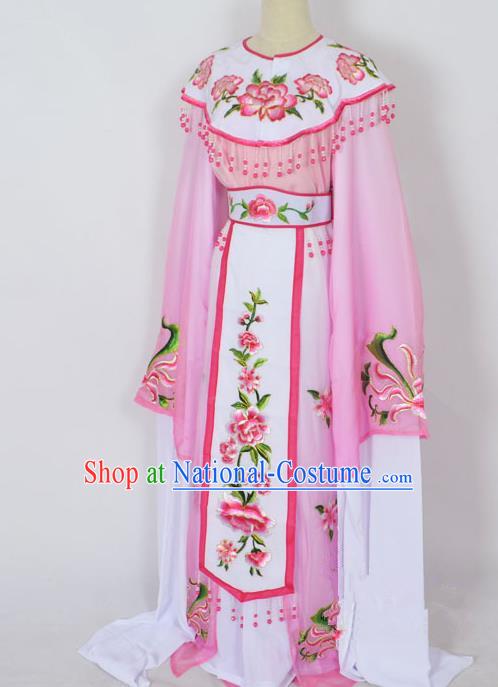 Traditional Chinese Professional Peking Opera Young Lady Princess Costume Pink Embroidery Peony Dress, China Beijing Opera Diva Hua Tan Embroidered Cloud Shoulder Clothing