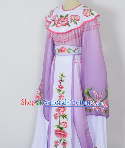 Traditional Chinese Professional Peking Opera Young Lady Princess Costume Purple Embroidery Peony Dress, China Beijing Opera Diva Hua Tan Embroidered Cloud Shoulder Clothing