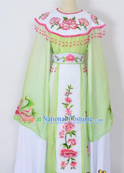 Traditional Chinese Professional Peking Opera Young Lady Princess Costume Green Embroidery Peony Dress, China Beijing Opera Diva Hua Tan Embroidered Cloud Shoulder Clothing