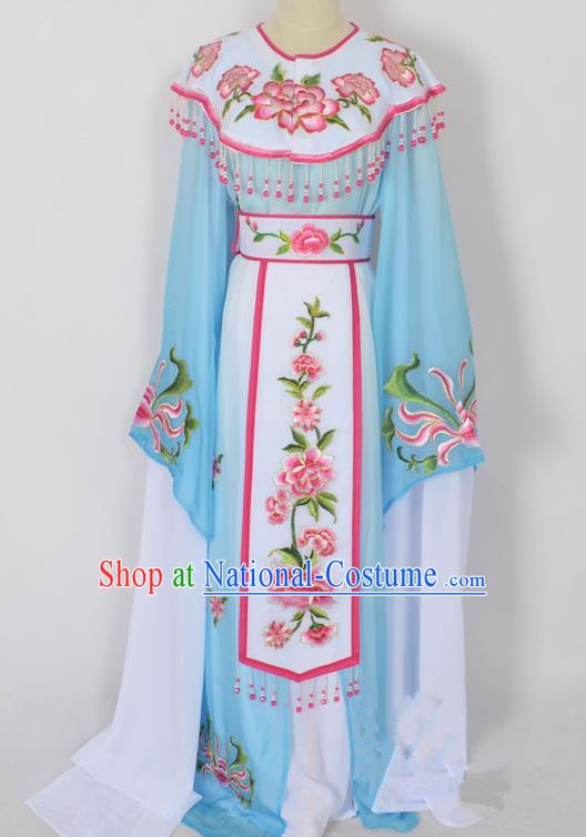 Traditional Chinese Professional Peking Opera Young Lady Princess Costume Blue Embroidery Peony Dress, China Beijing Opera Diva Hua Tan Embroidered Cloud Shoulder Clothing