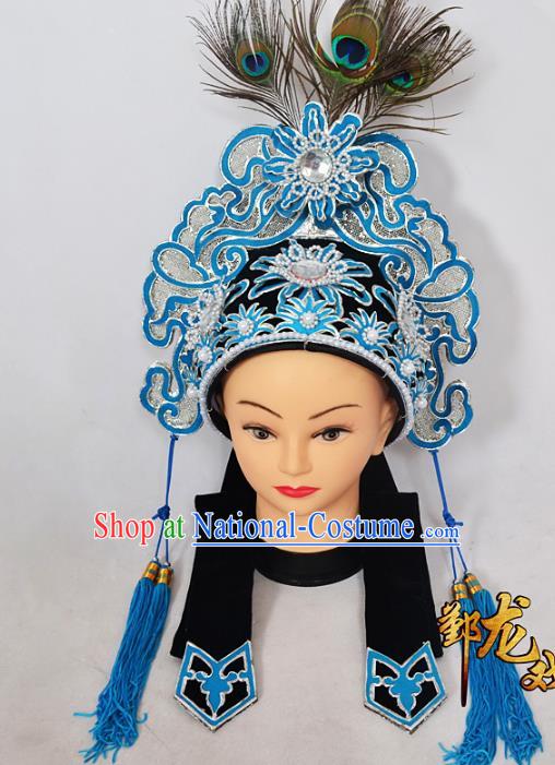 Traditional Handmade Chinese Classical Peking Opera Blues Accessories Hat, China Beijing Opera Swordplay Warriors Headwear